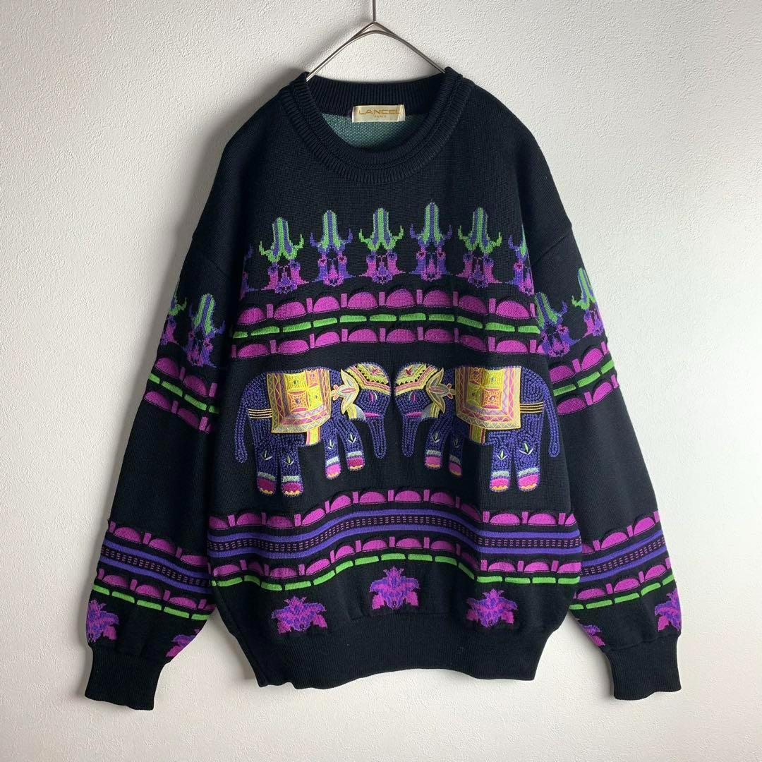 ニット セーター アニマル刺繍 ゾウ 民族柄 バティック柄 ダークカラー 希少 おしゃれ レトロ 美品 メンズ ユニセックス 古着拍卖