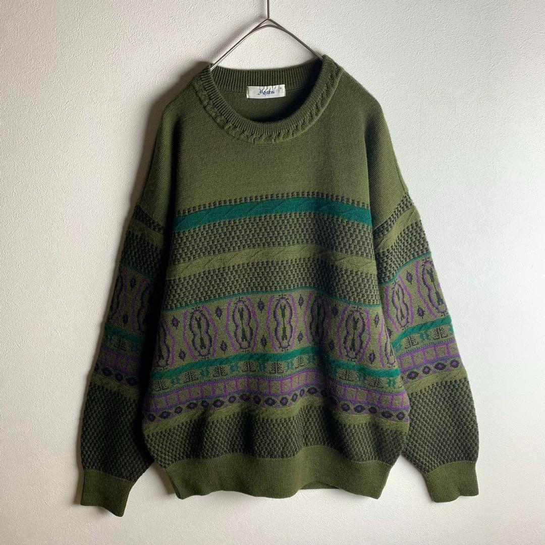 ニット セーター オリーブグリーン 希少カラー くすみカラー パターン柄 総柄 ゆるだぼ ウール メンズ 古着拍卖