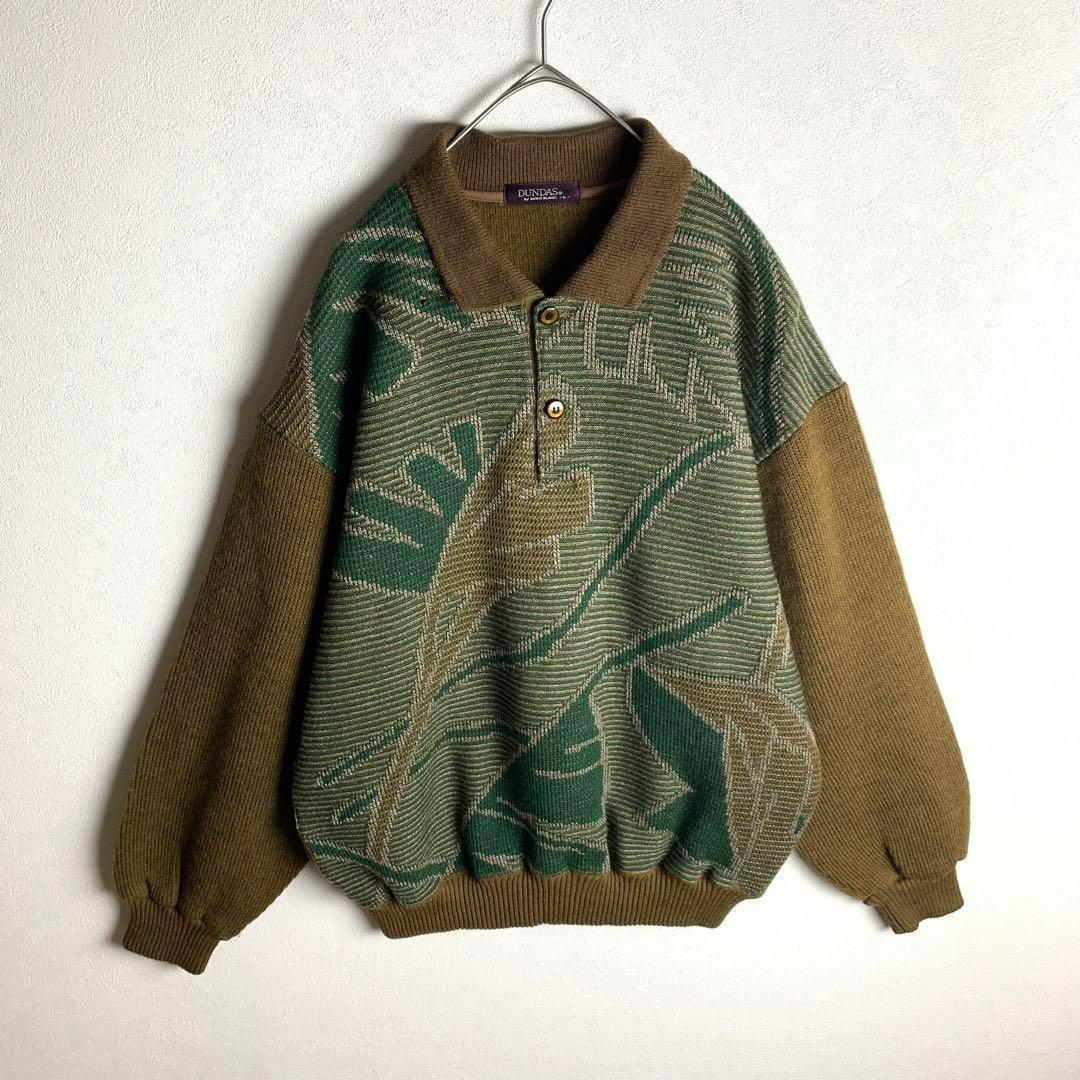 ポロニット セーター アースカラー ボタニカル柄風 ブラウン 茶色 ゆるだぼ レトロ ポケット メンズ ユニセックス 古着拍卖