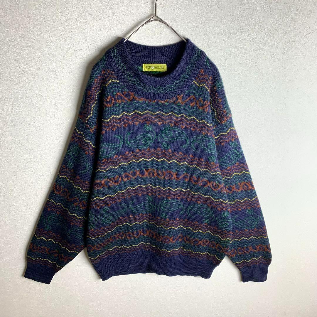 ニット セーター ペイズリー柄 パターン柄 総柄 ダークカラー ゆるだぼ レトロ メンズ ユニセックス 古着拍卖