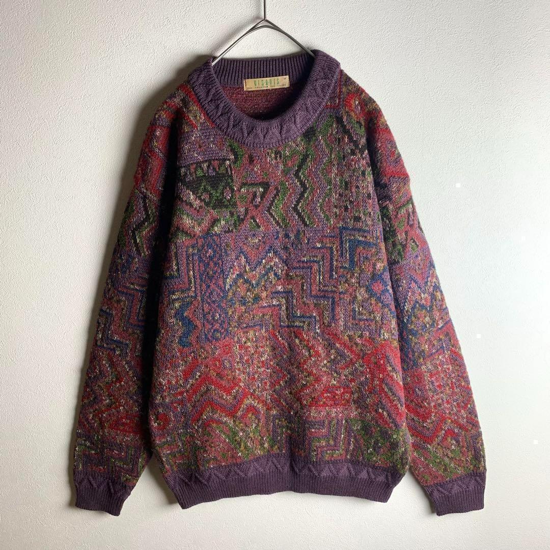 ニット セーター クレイジー柄 総柄 くすみカラー リブデザイン ヴィンテージ感 ゆるだぼ メンズ 古着拍卖