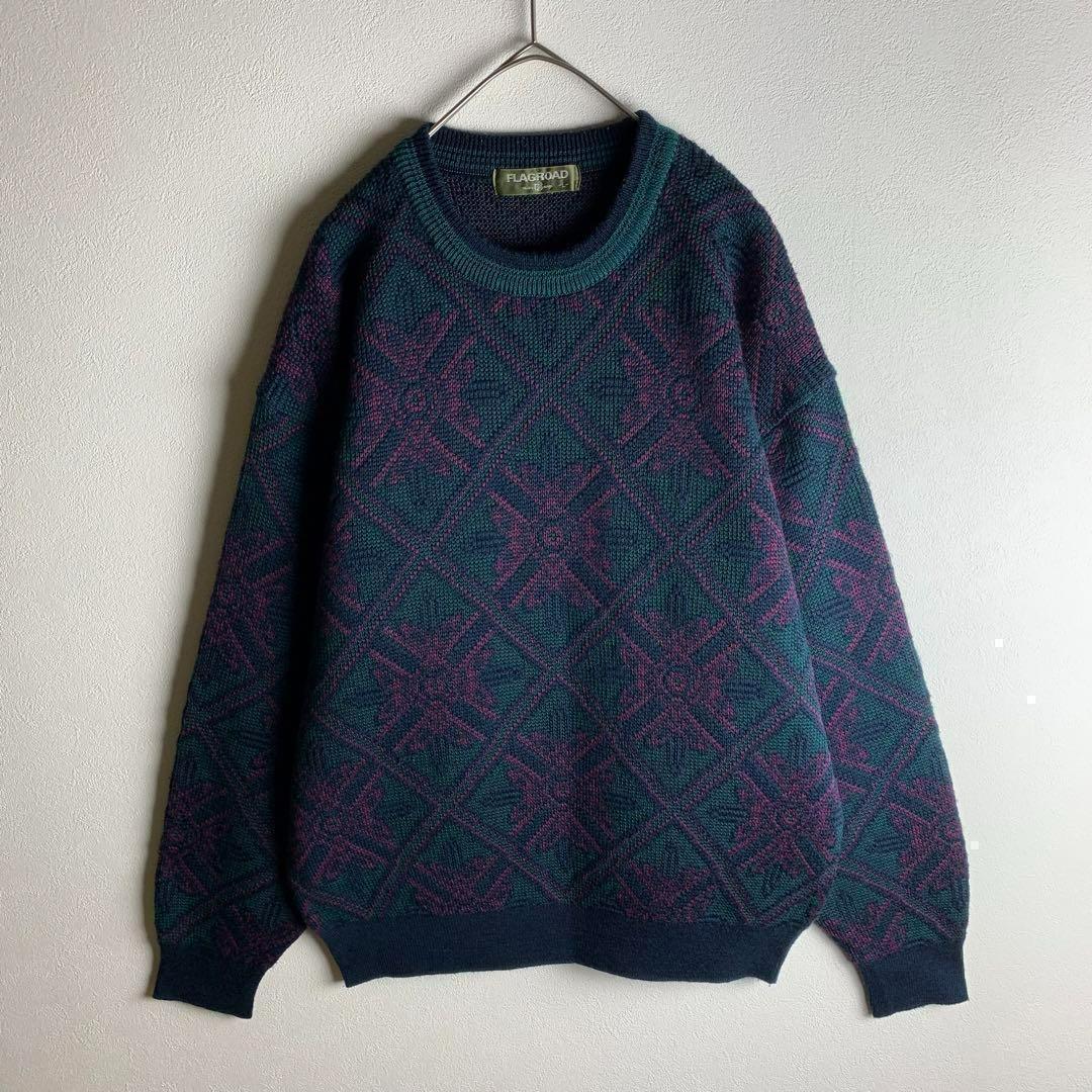 ニット セーター 総柄 アーガイル柄 ダークカラー ダークグリーン おしゃれ ユニセックス メンズ 古着拍卖