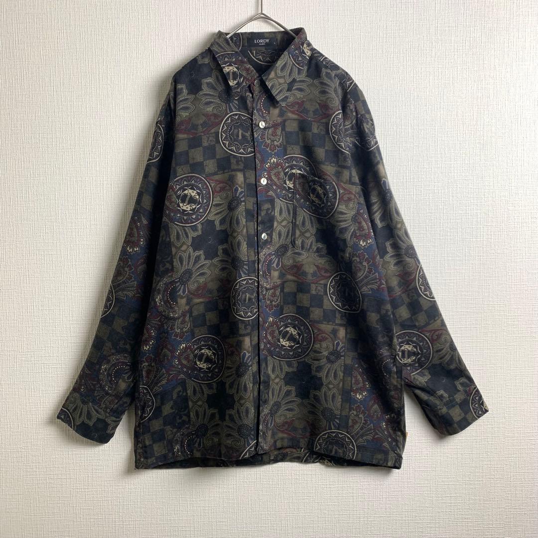 シャツ 長袖シャツ 柄シャツ ダークカラー 総柄 おしゃれ カジュアル 美品 メンズ 古着拍卖