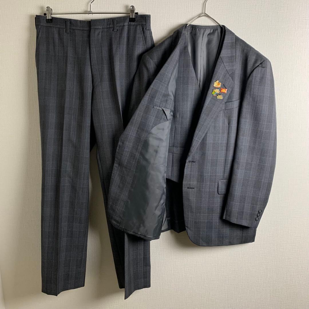 スリーピース スーツ セットアップ ベスト付き グレンチェック シングル ウール ピンズ セレモニー ビジネス メンズ 美品 古着拍卖
