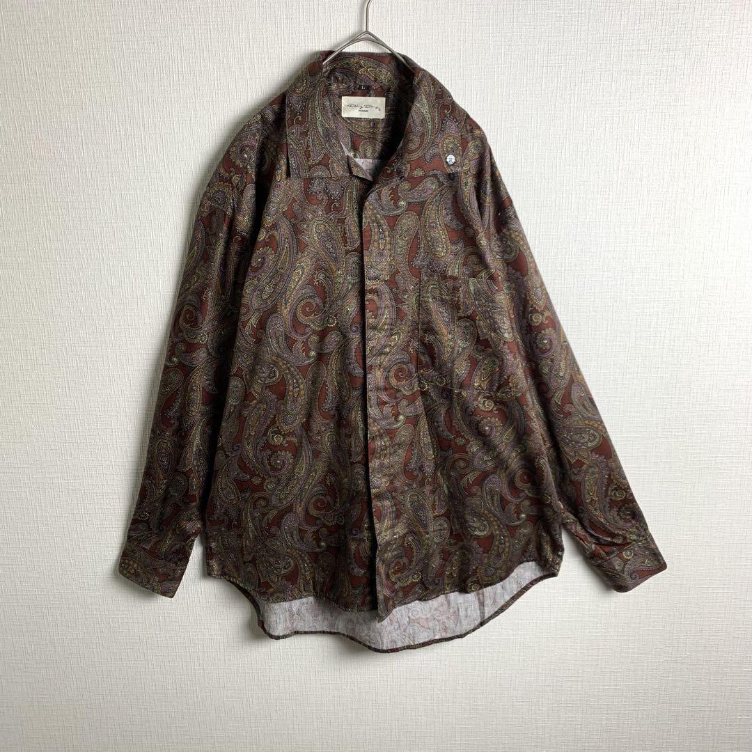 シャツ 長袖シャツ バーガンディー色 ペイズリー柄 総柄 XL相当 比翼仕立 コットン 綿 おしゃれ カジュアル メンズ 美品 古着拍卖