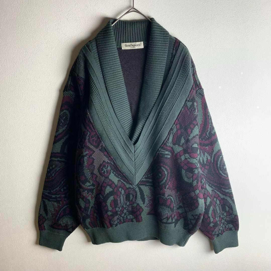 ニット セーター 総柄 ペイズリー柄 Vネック ダークグリーン レッド 緑 赤 ゆるだぼ おしゃれ カジュアル メンズ ウール 美品 古着拍卖