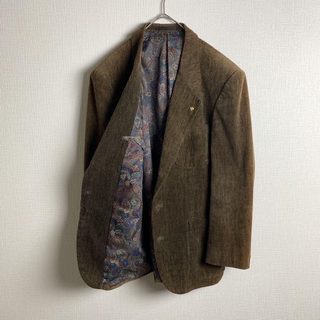 テーラードジャケット コーデュロイ ブラウン 茶色 裏地ペイズリー柄 総柄 アニマルボタン メンズ 古着拍卖