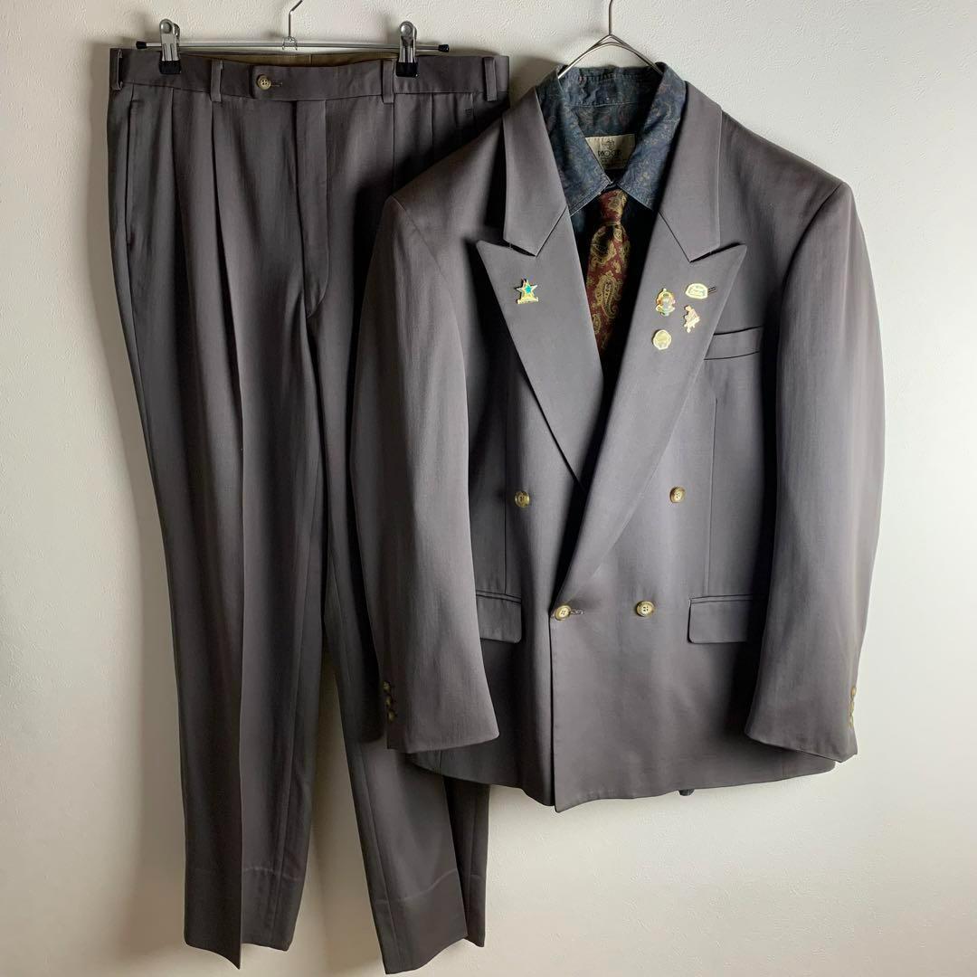 コーデ販売 セットアップ ダブルブレスト カーキ ランバン VANVIN 長袖シャツ 総柄 ネクタイ ペイズリー柄 結婚式 メンズ スーツ 古着拍卖