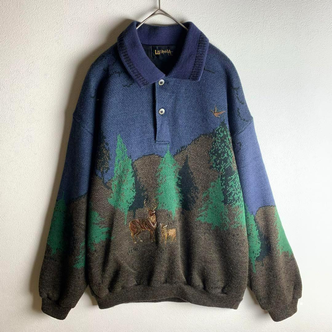 ポロニット セーター アニマル刺繍 鹿 風景 アシンメトリー ヴィンテージ感 美品 メンズ 古着拍卖