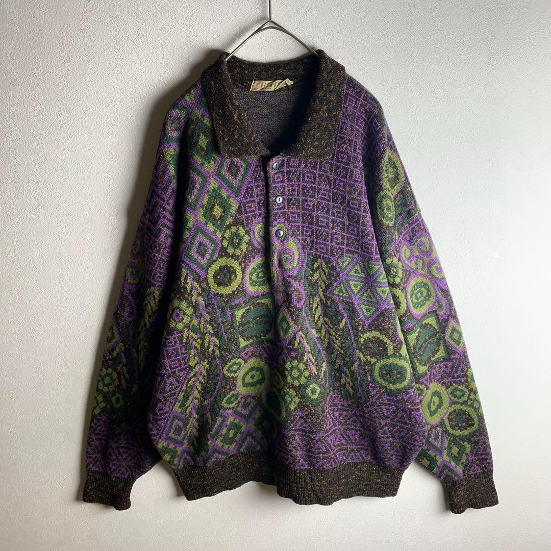 ポロニット セーター アシンメトリー 幾何学柄 総柄 パープル 紫 XL相当 大きめ ゆるだぼ メンズ 古着拍卖