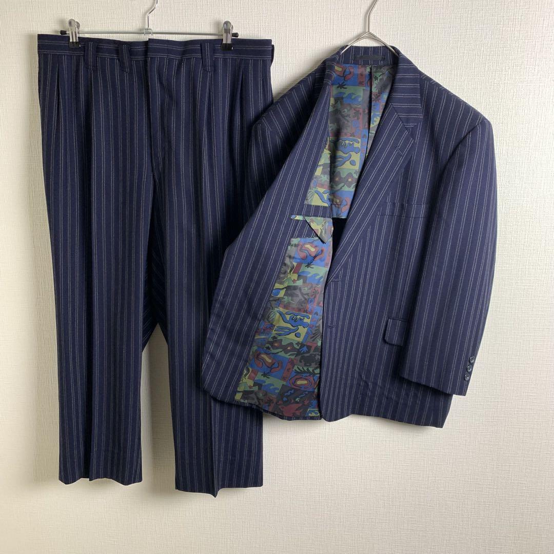 セットアップ スーツ ストライプ 裏地クレイジー柄 シングル 結婚式 セレモニー ビジネス メンズ 古着拍卖