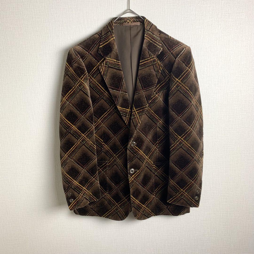 テーラードジャケット ベロア アーガイルチェック ダークカラー ダブルポケット 希少デザイン お洒落 メンズ セレモニー ビジネス 古着拍卖