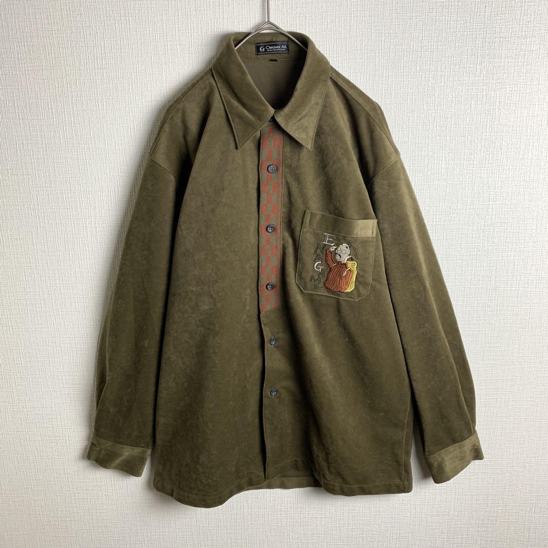 シャツ 長袖シャツ コーデュロイ カーキ 刺繍 秋 冬 おしゃれ カジュアル メンズ 古着拍卖