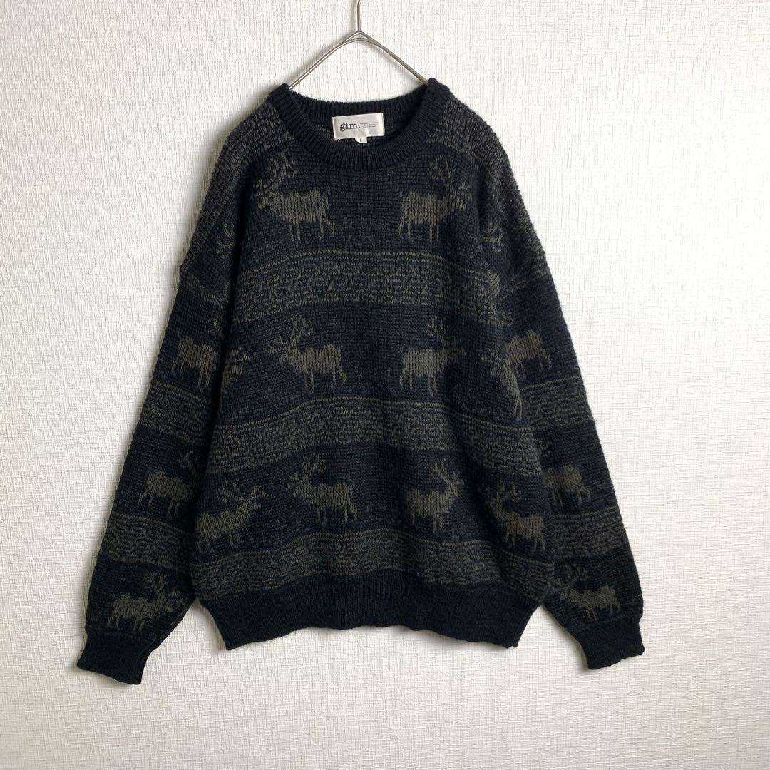 ニット セーター アニマル柄 トナカイ パターン柄 ダークカラー 黒 ブラック メンズ ユニセックス お洒落 古着拍卖