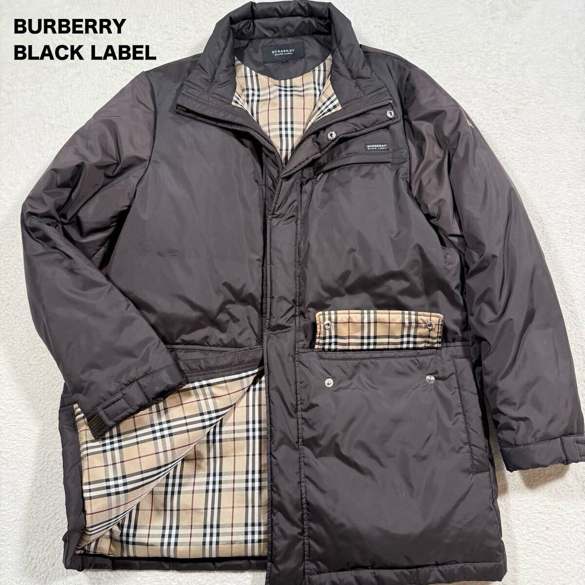 BURBERRY BLACK LABEL バーバリーブラックレーベル ダウンジャケット ノバチェック ダブルジップ ビジネス ホースロゴ ブラウン メンズL拍卖