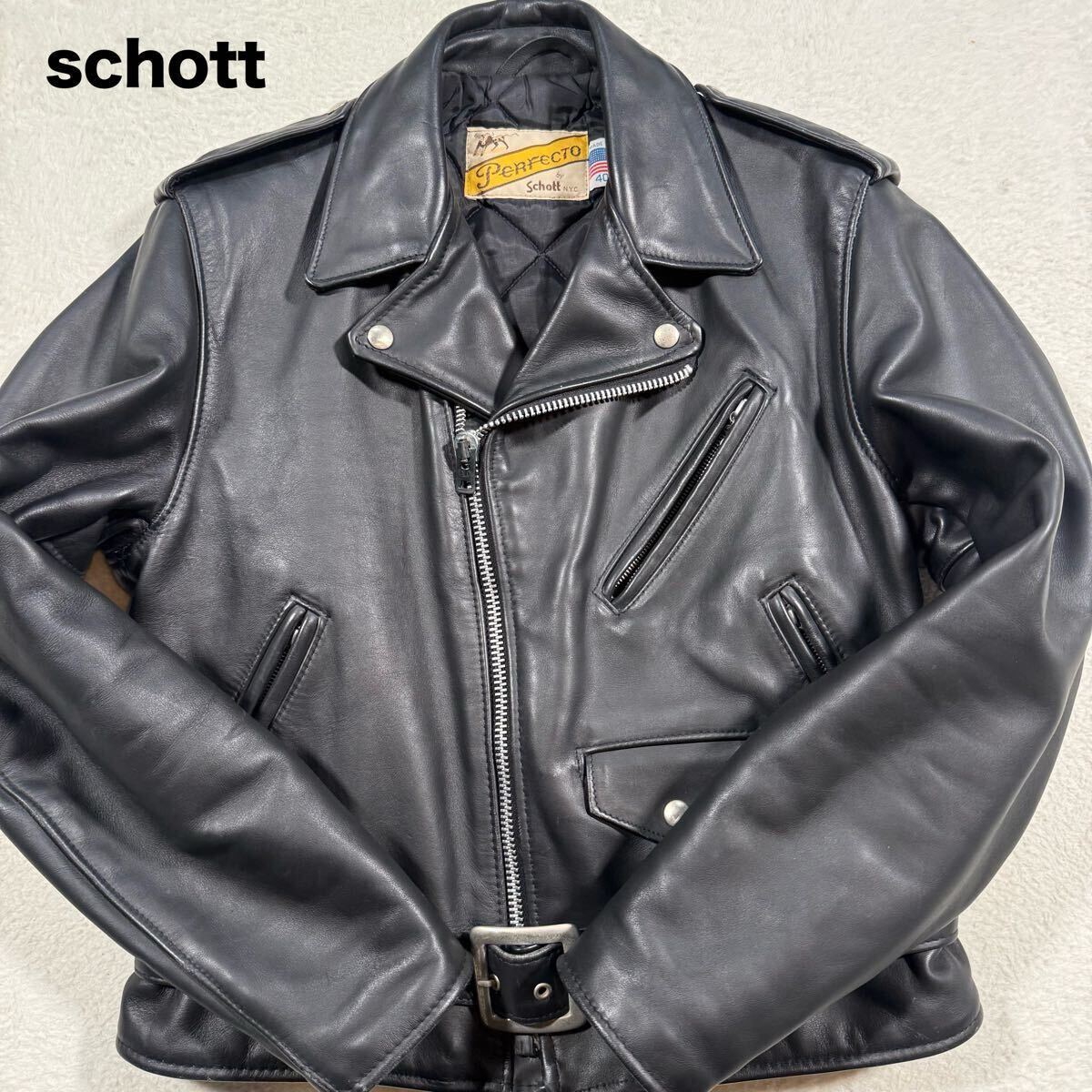 美品 メンズ XL相当 サイズ40/■Schott ショット ダブル ライダースジャケット 618 牛革 カウレザー 裏地 キルティング USA製 アメリカ製 拍卖