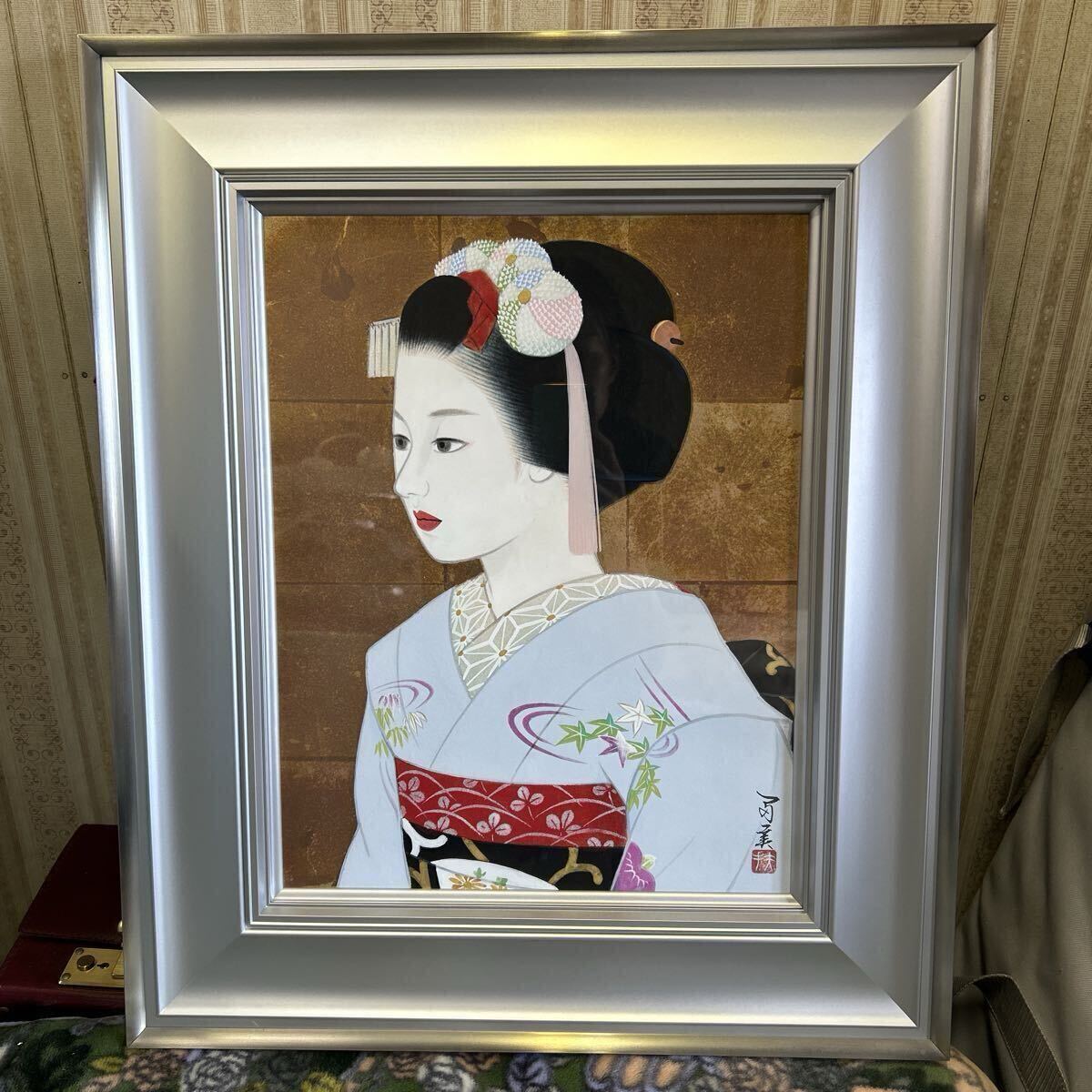 真作 日本画 舞妓 美人画 額装 倉田富美  日輝展会員 共シール F6号拍卖