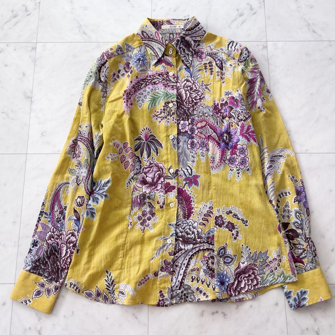 ETRO エトロ ペイズリー柄 シャツ ブラウス 44 イタリア製 美品 Lサイズ マスタードイエロー拍卖