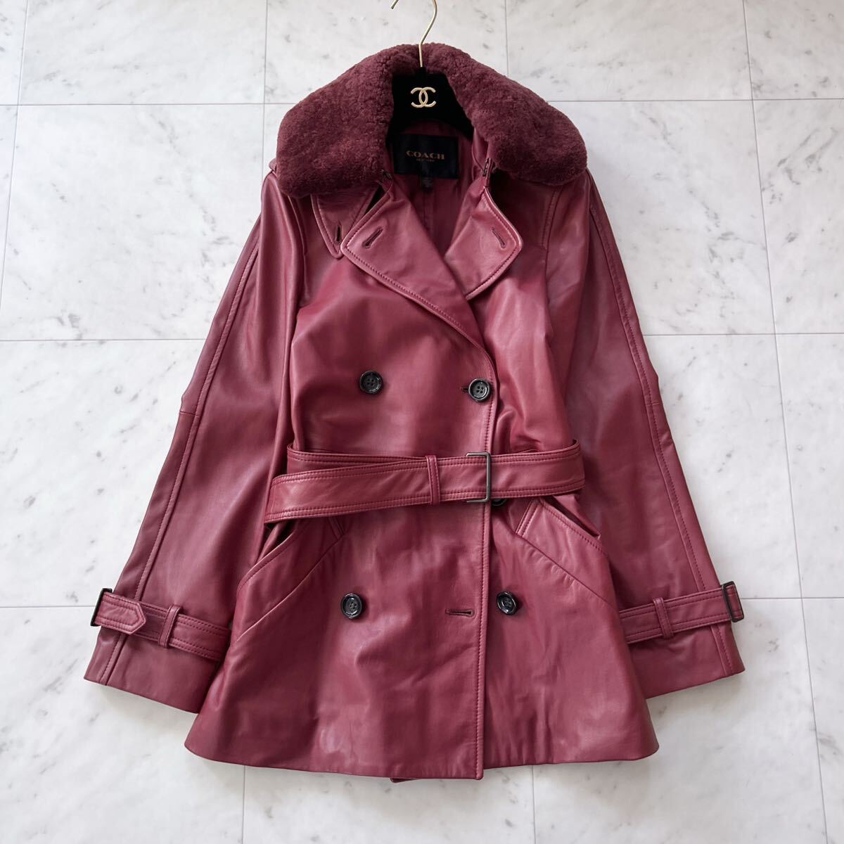 COACH コーチ 近年 本革 ラムレザーコート ジャケット 美品 XS ボア付き ボルドー 羊革拍卖