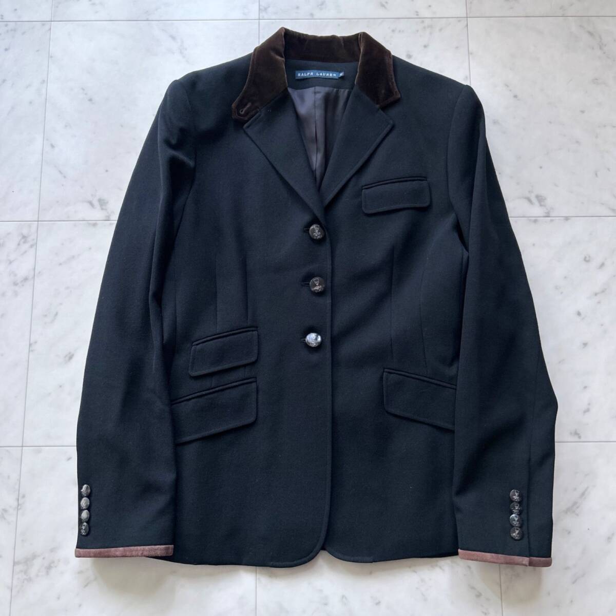 ラルフローレン キツネボタン テーラードジャケット レザー切り替え 美品 黒 大きいサイズ 2XL拍卖