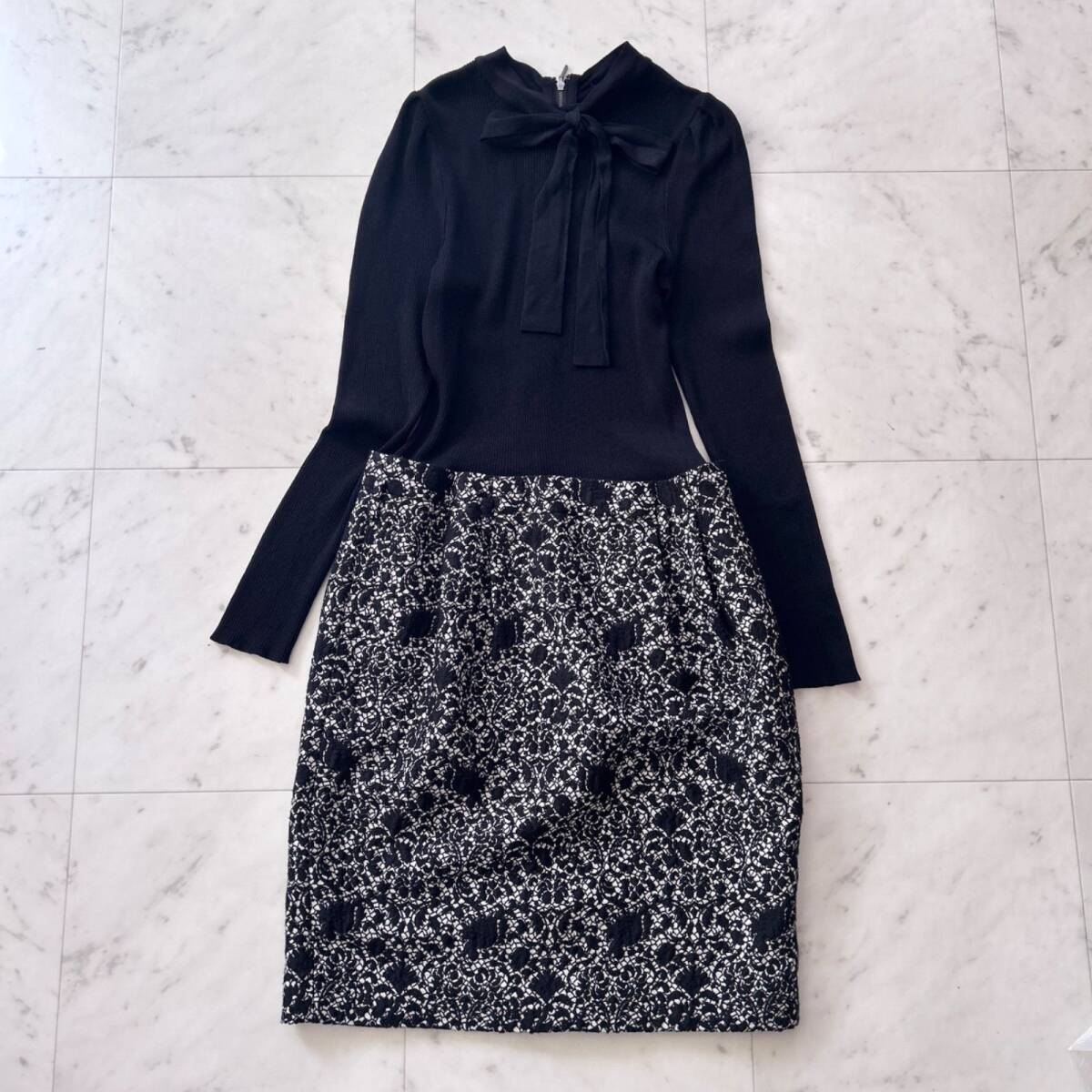 美品 EPOCA エポカ ニットドッキング ワンピース ボウタイリボン付き 刺繍スカート 40 リブニット拍卖