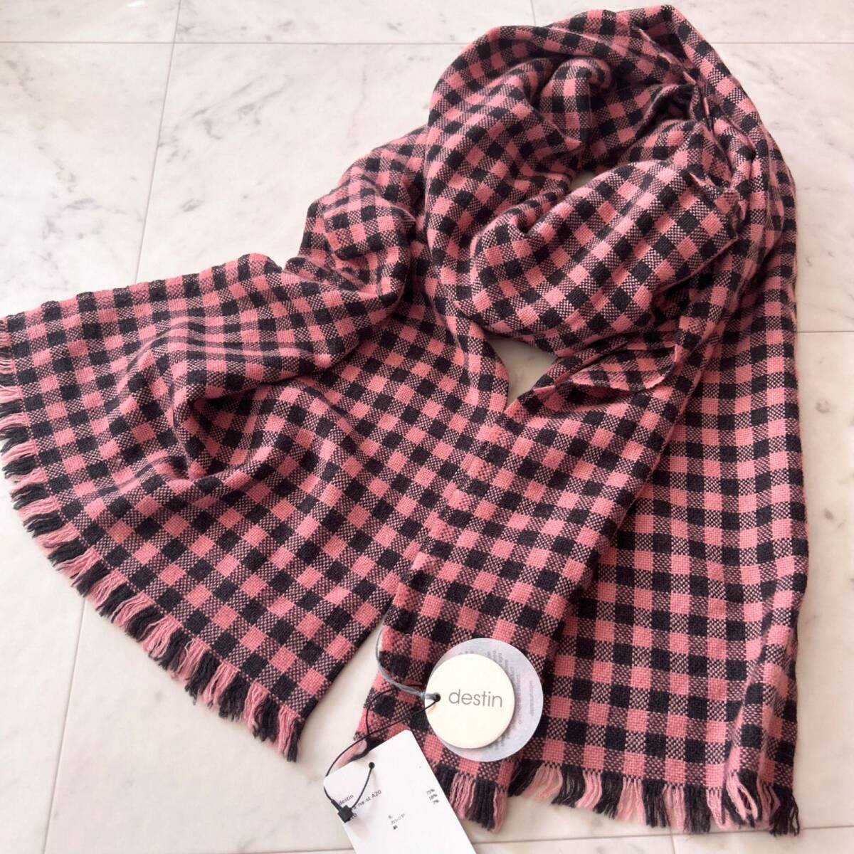 未使用タグ付き ドゥーズィエムクラス DESTIN/デスティン ウールカシミヤシルク 大判ストール チェック ピンク系拍卖