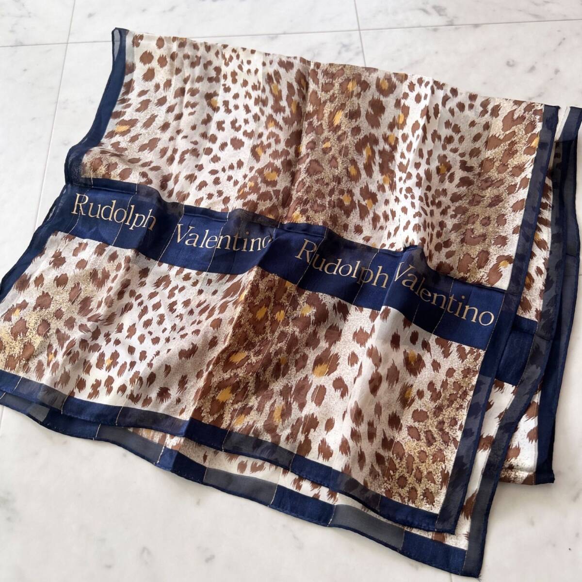 Rudolph Valentino ルドルフヴァレンティノ 長方形 レオパード柄 シアー スカーフ ストール シルク100 金ロゴ拍卖
