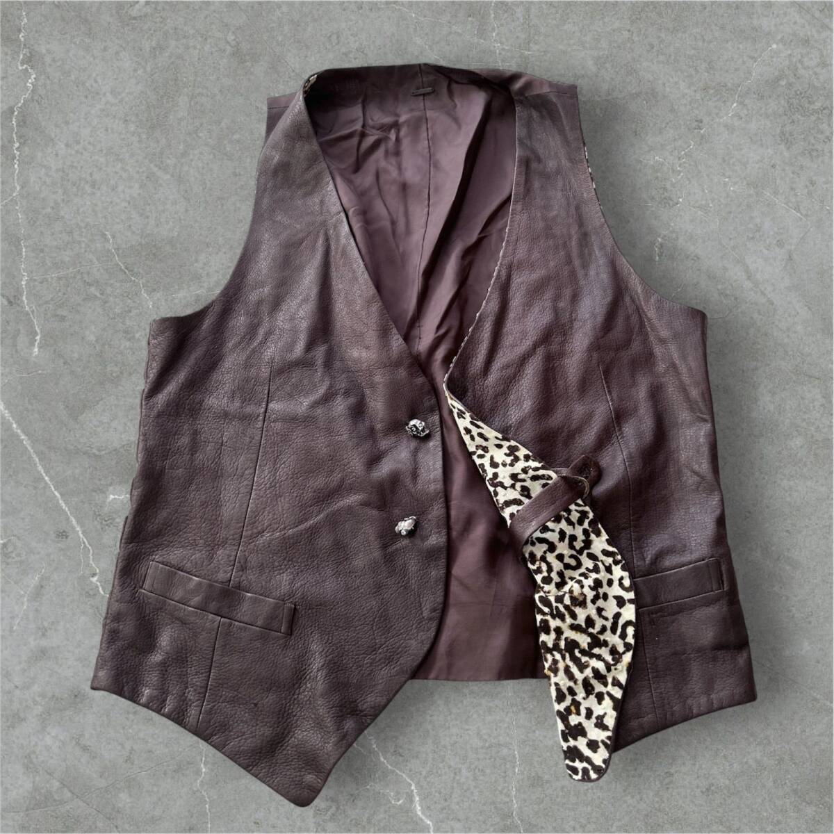 FranCisT_MOR.K.S フランシストモークス スカルボタン ディアスキン 鹿革 レザーベスト ジレ リバーシブル レオパード サイズ4拍卖