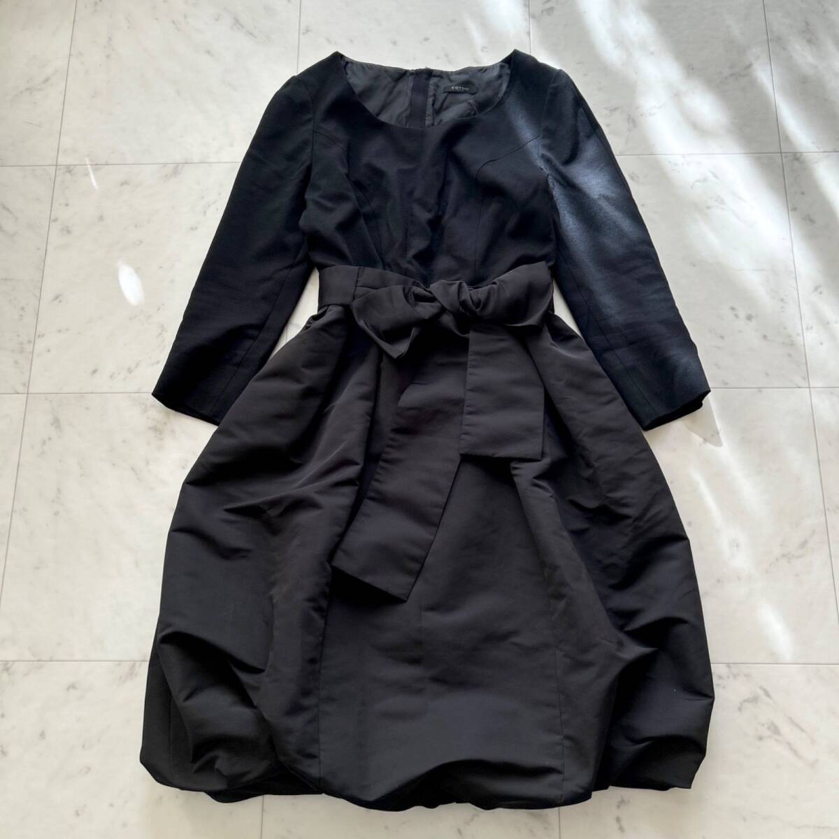 COTOO コトゥー 異素材ドッキングワンピース ウエストリボン バルーンスカート ブラック 黒 36 Sサイズ 美品拍卖