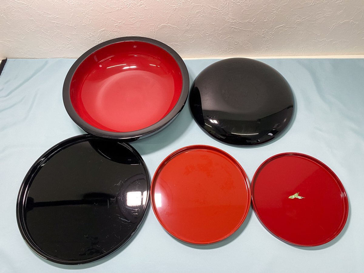 (N)未使用 漆器5点セット 漆器 盆3点セット+漆器 こね鉢+漆器 菓子皿 うるし塗り 漆 うるし urushi 工芸品 そば そば粉拍卖