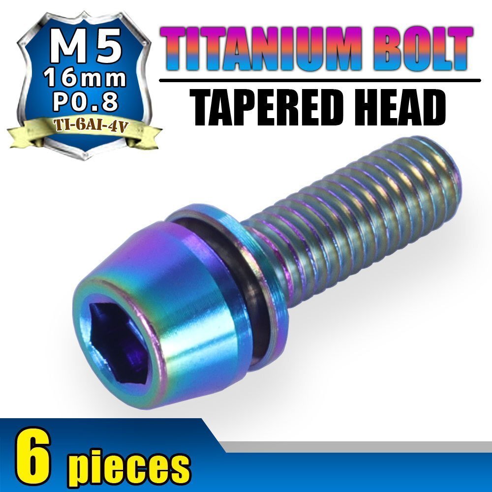 メール便OK!M5×16 P0.8 チタンボルト 6本セット 5mm 16mm ピッチ0.8 ワッシャー付き 焼き色 テーパー ボルト ステム バイク 車 自転車拍卖
