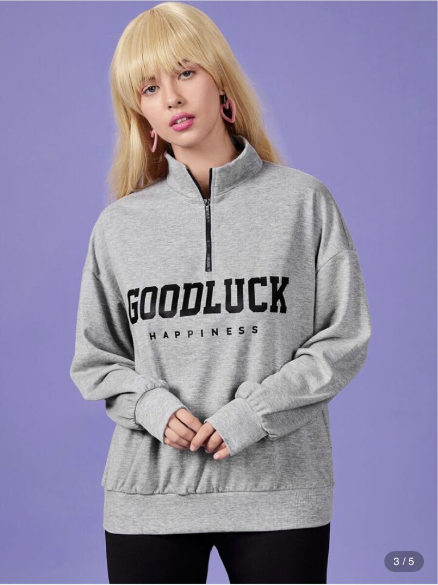 新品 文字グラフィック ハーフジッパー ドロップショルダー スウェット グレー スウェットカットソー拍卖