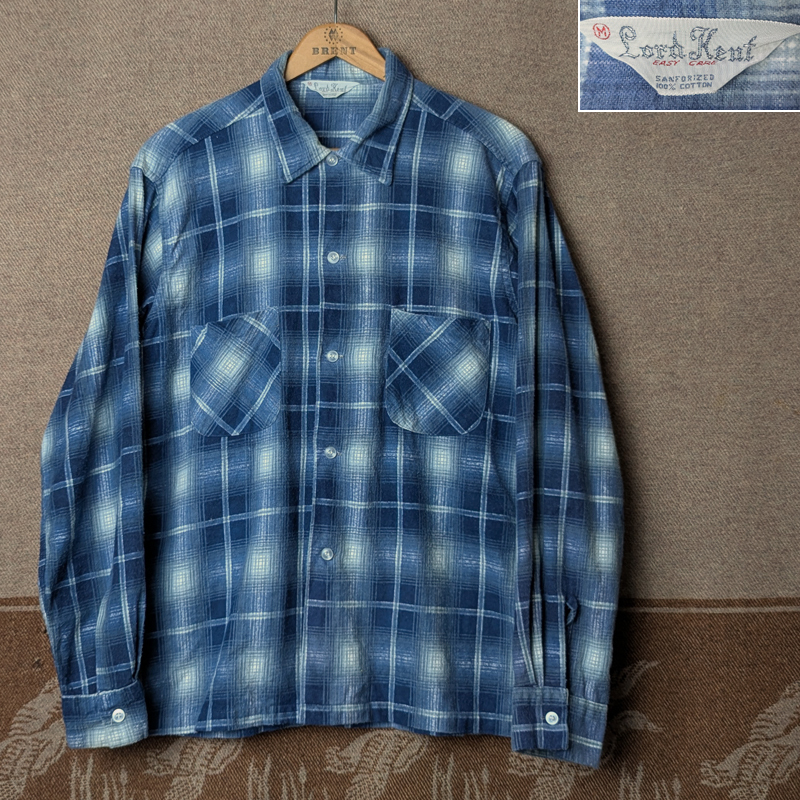 シャドーチェック 【Lord Kent】 60年代 フランネル オープンカラー ボックス シャツ M プリント ネル オンブレ ビンテージ 50s60s 50年代拍卖