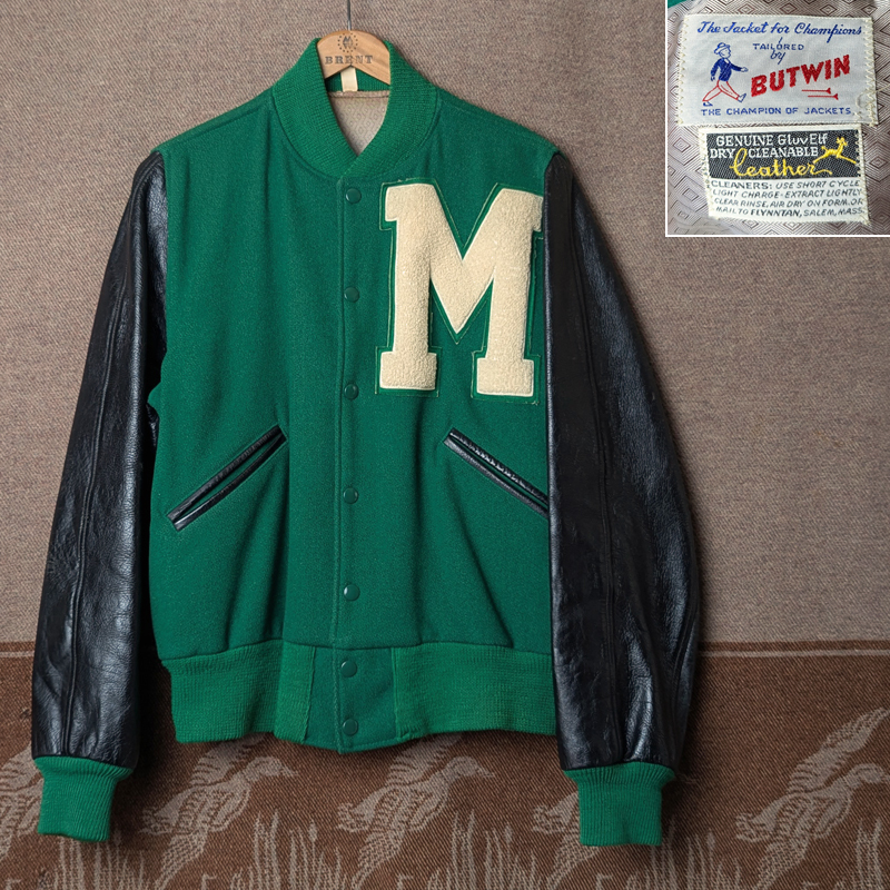 袖革 【BUTWIN】 60年代 スタジャン 40 バトウィン ヴァーシティ バーシティ レターマン ジャケット ウール レザー ビンテージ 50s60s70s拍卖