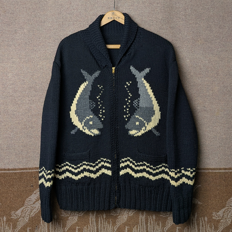 スペシャル 黒【シャチ 魚柄】 50年代 カウチン セーター TALONジッパー ニット カーディガン ショールカラー ビンテージ 40s50s60s 60年代拍卖