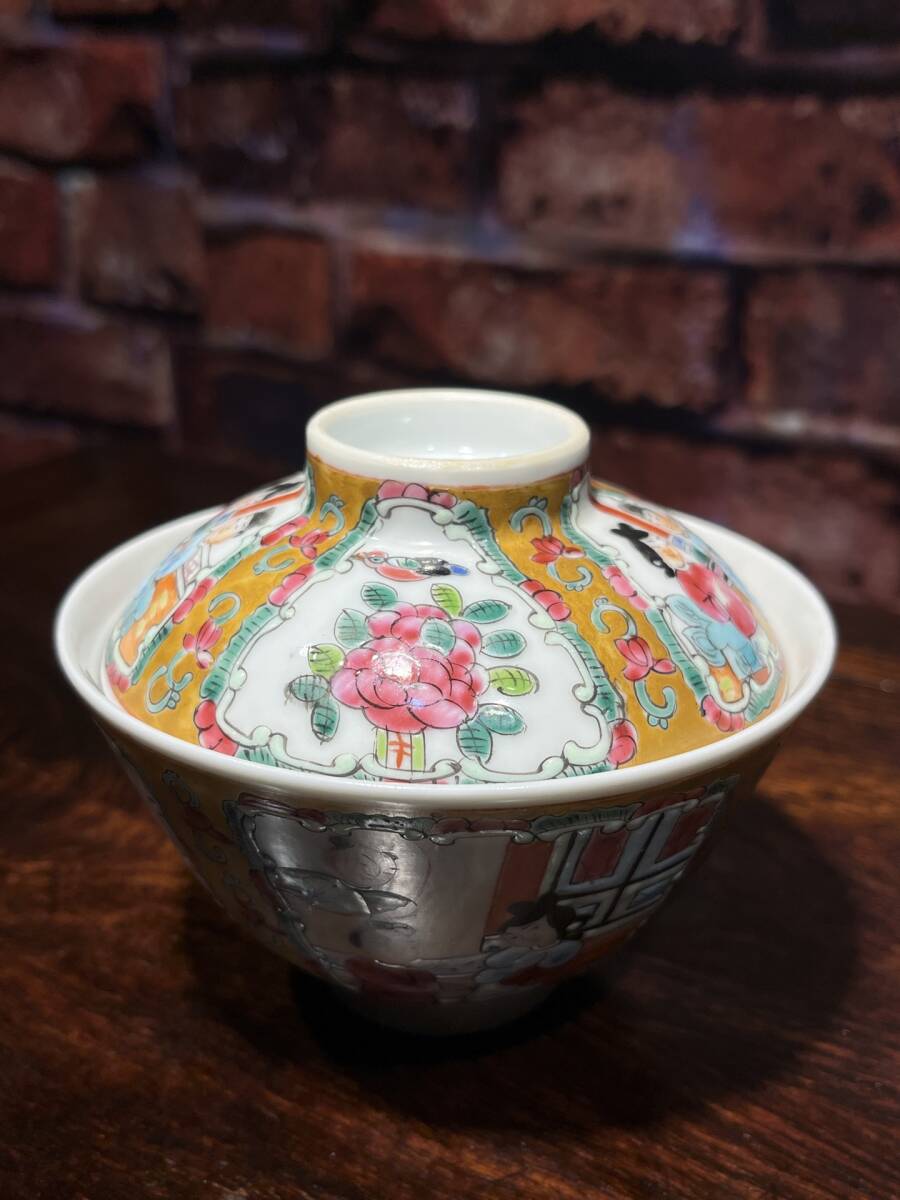 PTA#0824【3.1】中国骨董 人間国宝 磁器【広彩磁器古人物花鳥花卉蓋碗です】工芸品 施釉陶 青花磁 陶芸 精美彫 置物 收藏品 拍卖