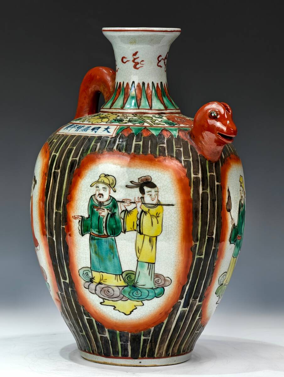 PTA#0813【3.1】中国骨董 人間国宝 磁器【【大明嘉靖年制】五彩四面開窓八仙人物紋執壺】工芸品 施釉陶 青花磁 陶芸 精美彫 置物 收藏品 拍卖