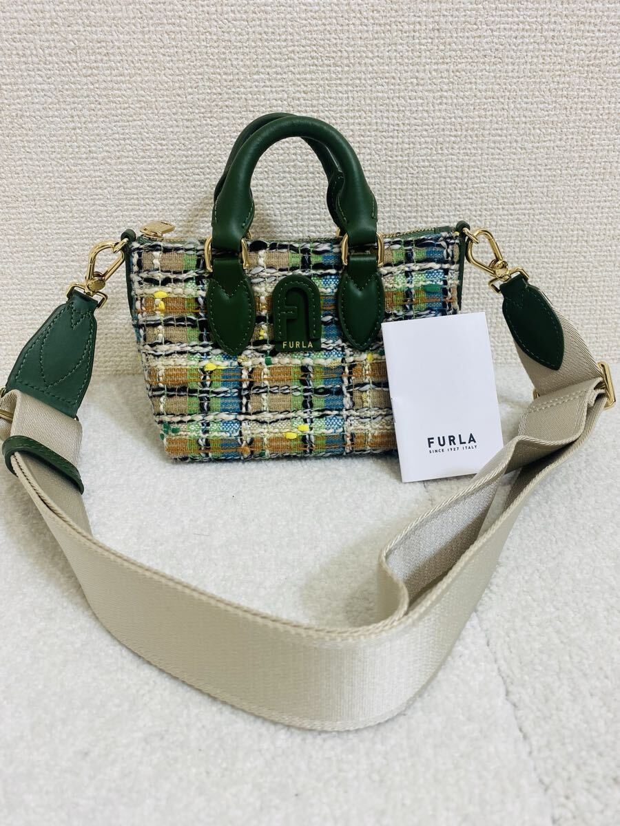 8467. 【極美品】FURLA ツイード 2way バッグ フルラ 緑 グリーン ショルダーバッグ ハンドバッグ ミニ 金色 ゴールド拍卖