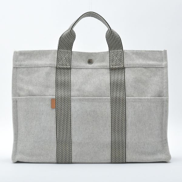 1円~ 美品 HERMES エルメス ニューフールトゥMM トートバッグ キャンバス グレー 黒 クリーニング済 ハンドバッグ 鞄 /070925-21/a.d拍卖