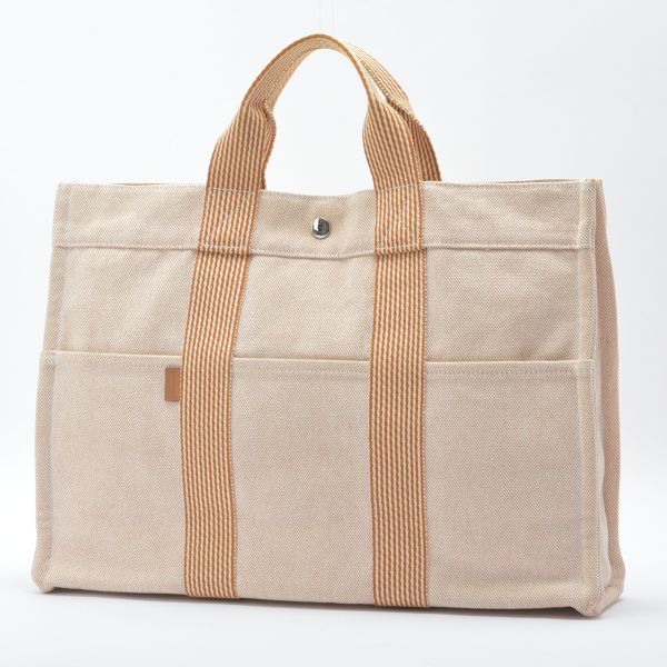 1円~ 美品 HERMES エルメス ニューフールトゥMM トートバッグ キャンバス オレンジ クリーニング済み ハンドバッグ 鞄 /070918-04/a.a拍卖