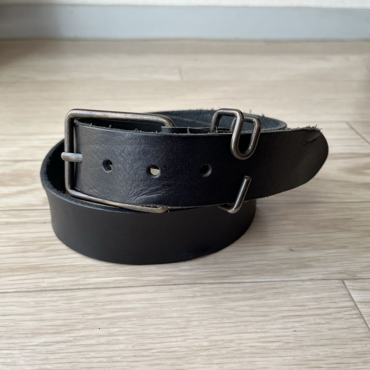 ヴィンテージ風レザーベルト ブラック|幅3.8cm 本革 ダメージ加工 太め 長さ調節可 アンティカ拍卖