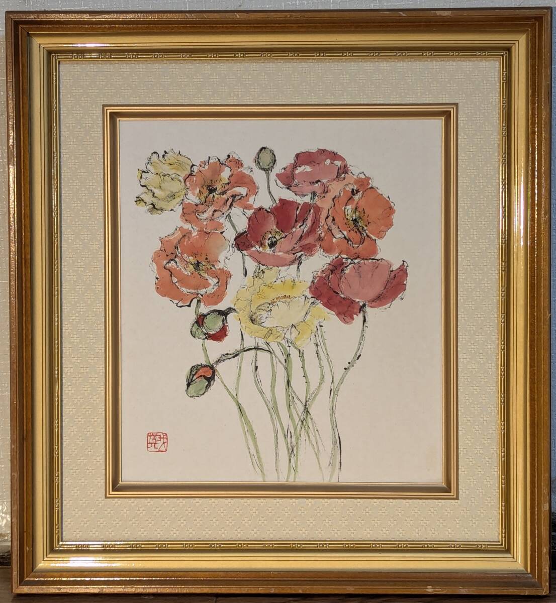 【真作】絵画 我妻英策 水彩(色紙) ひなげし 揺れる花茎と可憐な彩り Z96拍卖