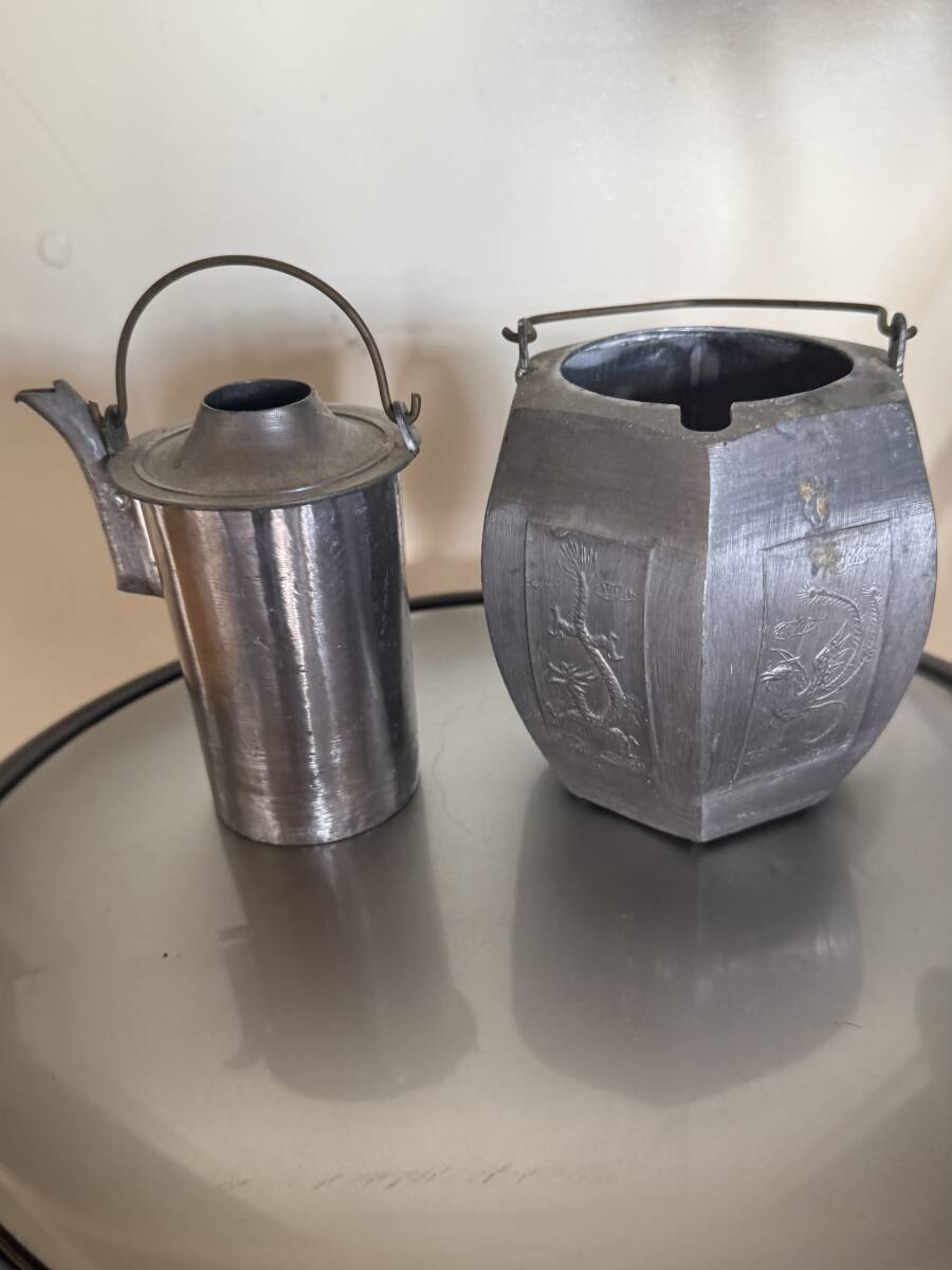 中国酒器 六角 酒燗器 紹興酒 ちろり 錫製酒器 アンティーク 時代物 年代物 レトロ 亀蓋 龍鳳 銚子 徳利 熱燗 60サイズ発送拍卖