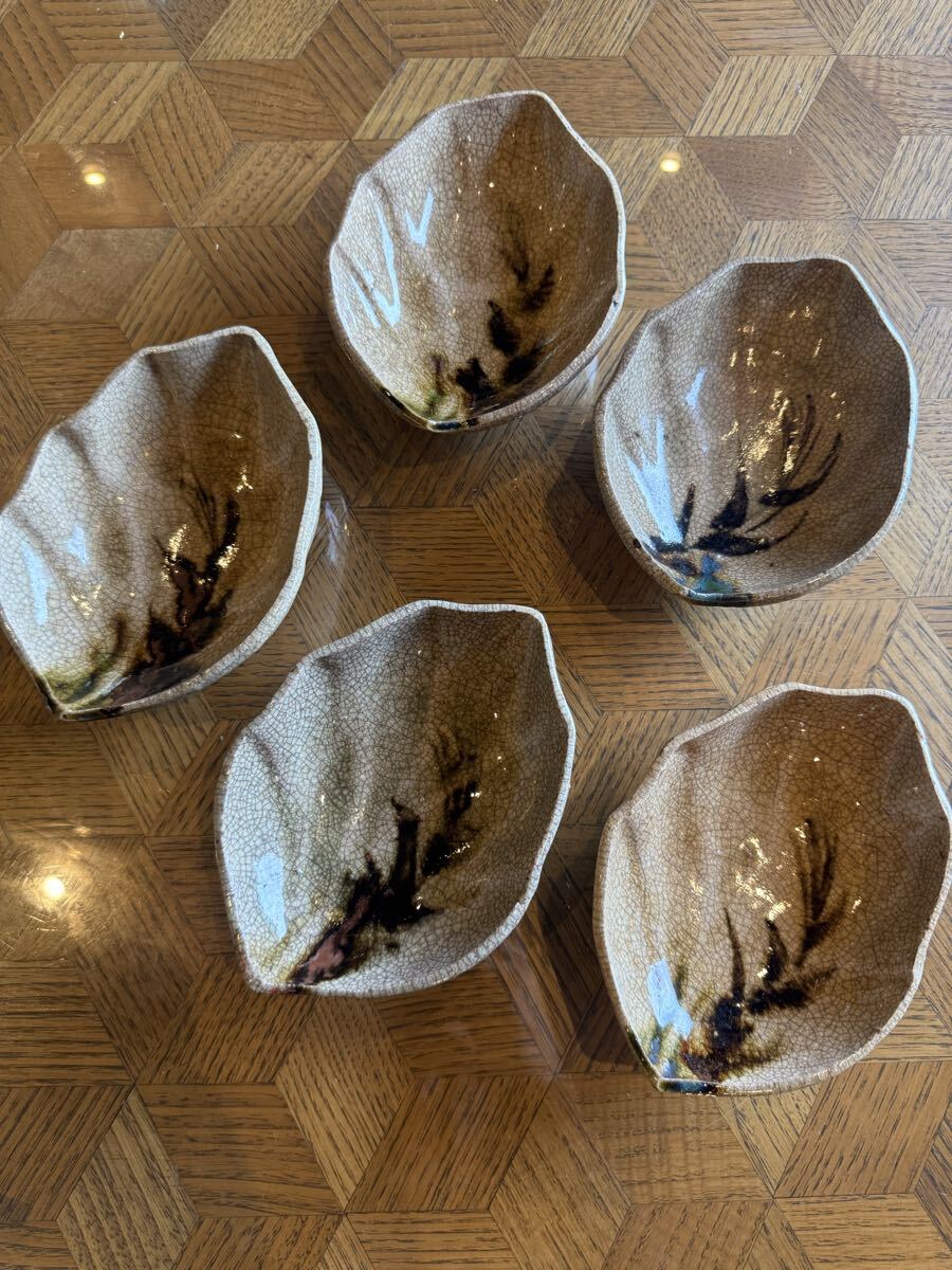 GM10OSG③ 御深井 葉型向付 葉皿 5枚  美濃焼 茶道具 取り皿 小鉢 古瀬戸拍卖