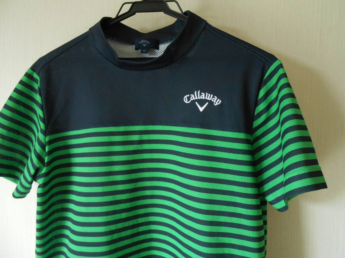 Callawayキャロウェイ メッシュ生地 半袖モックネックシャツ ネイビー×グリーンのボーダー Mサイズ 拍卖