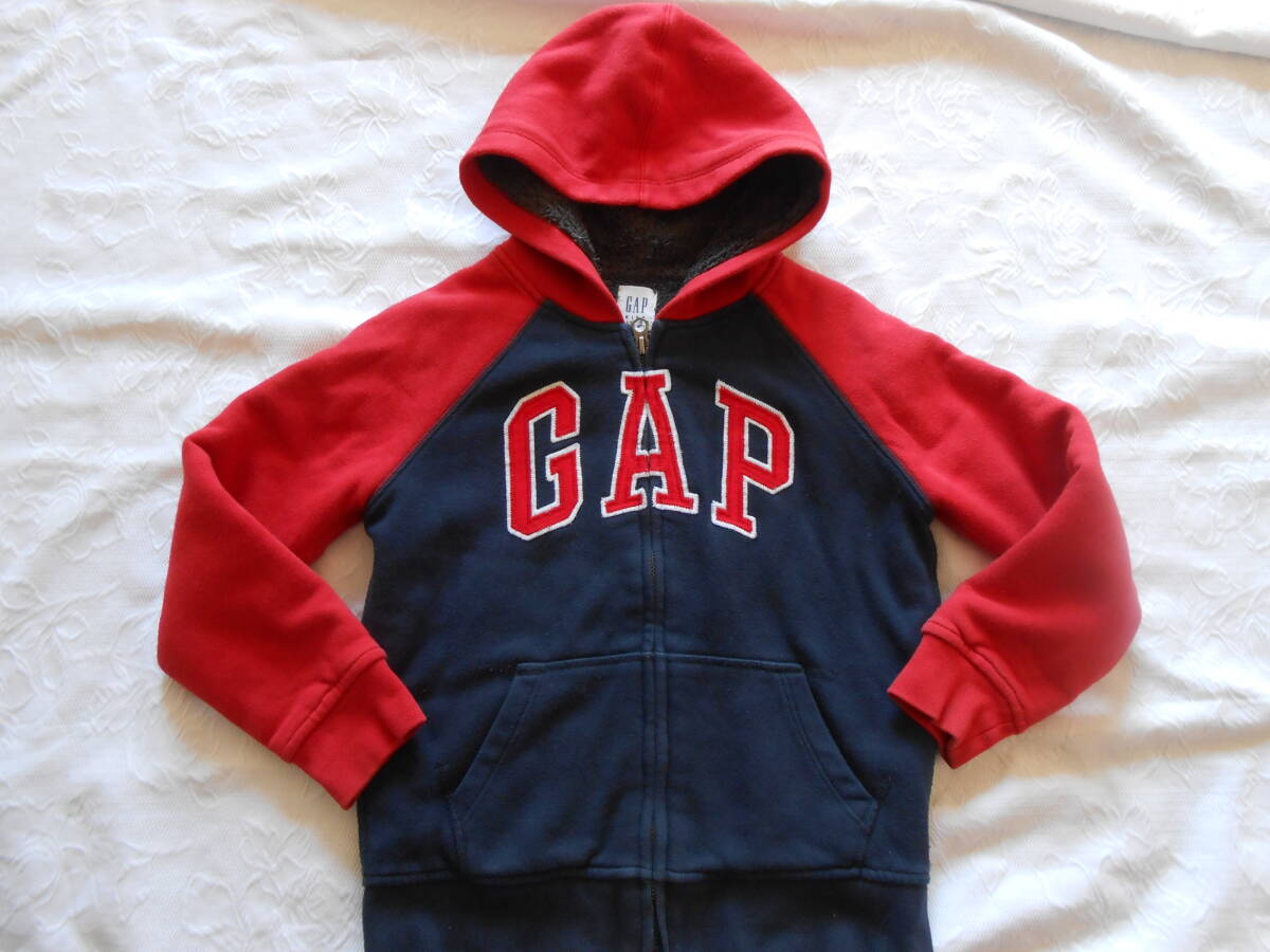 GAP ギャップ キッズ  フード付き裏ボア ジップパーカー 赤xネイビー  120センチ拍卖