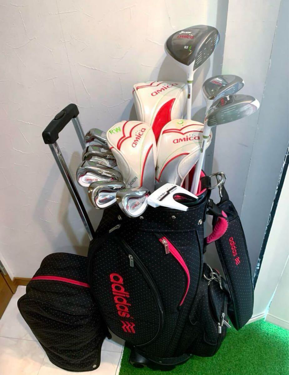 送料無料 美品 レディースゴルフクラブ セット スリクソン アミカ キャディバッグ /アディダス/キャスター拍卖