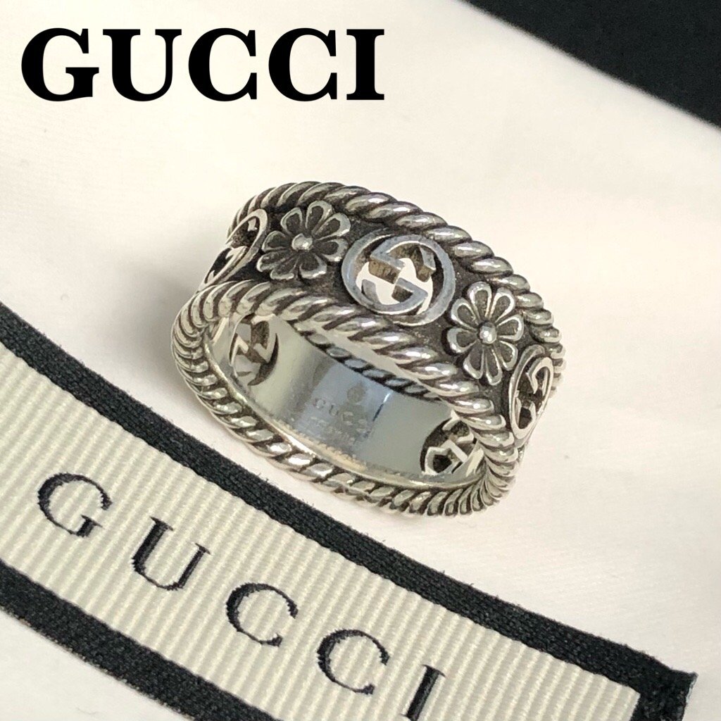 良品 GUCCI グッチ インターロッキングG フラワー リング 指輪 SV925 約13/12号 シルバー ロゴ リング 花/フローラル 保存袋 正規品 最落無拍卖