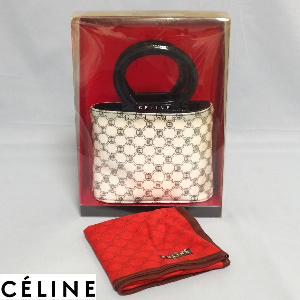 美品★CELINE ロゴ マカダム ミニ ハンドバッグ ハンカチ付き エナメル PVC 白 ポーチ ヴィンテージ オールド セリーヌ★拍卖