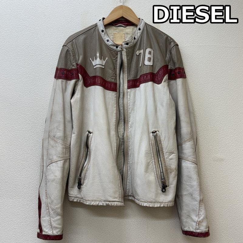 ディーゼル レザー ノーカラー シングル ライダース ジャケット クラウン ナンバリング デザイン L拍卖